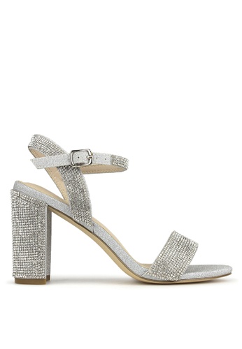 silver diamante block heel sandals