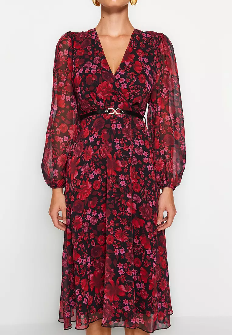 Patterned Chiffon Midi Dress