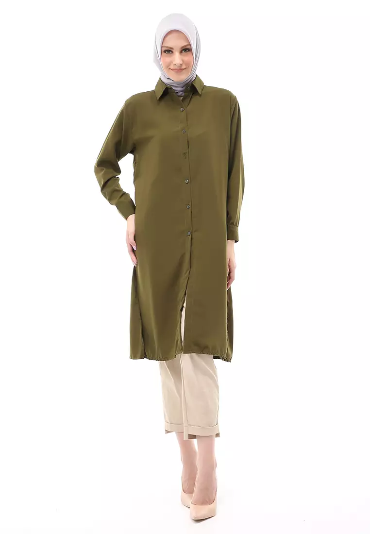 Septiyani Tunik Atasan Wanita Motif Polos Long Sleeve Regular Fit - Army