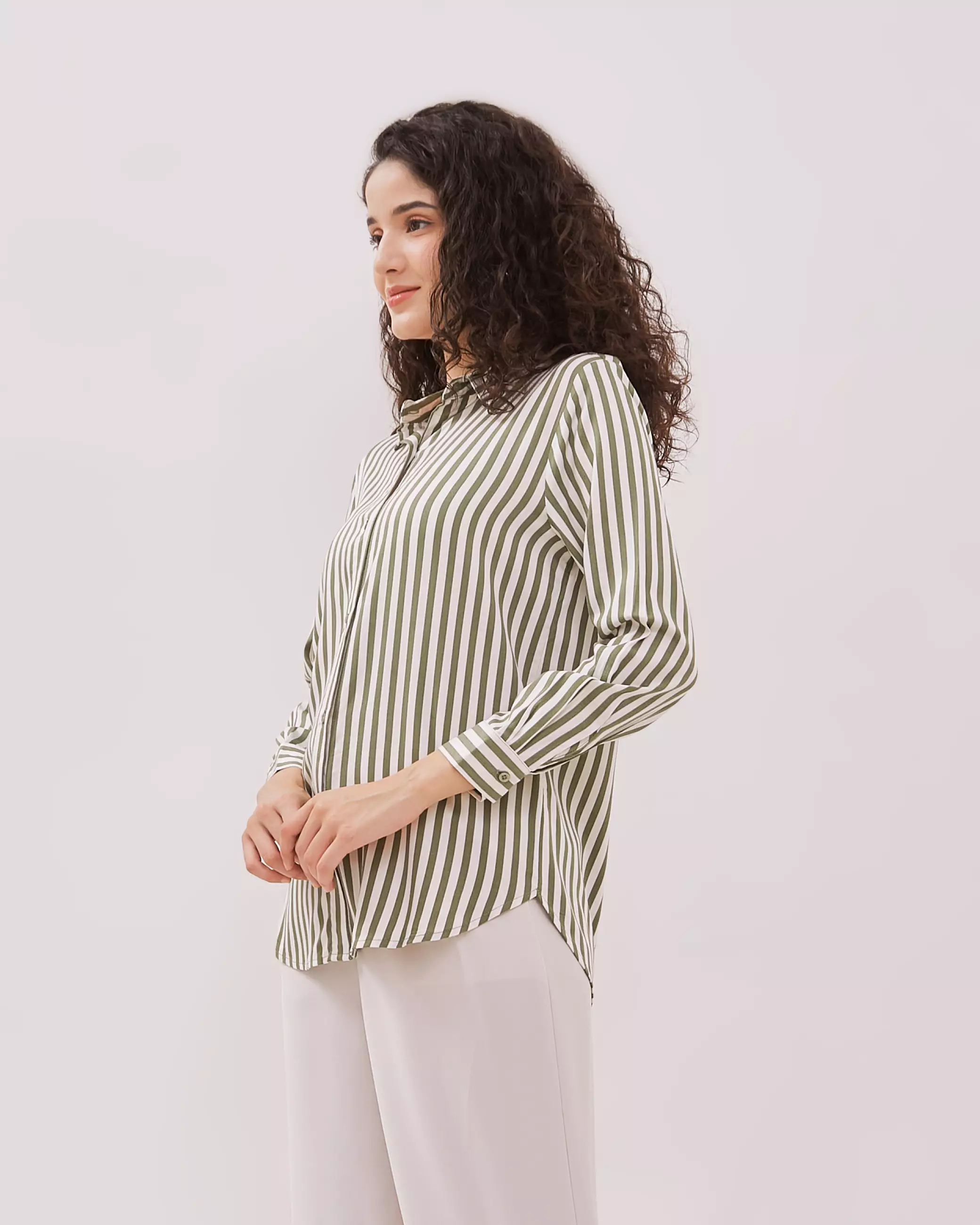 Urban Exchange Lyla Green Stripe Shirt - Atasan Stripe Lengan Panjang Warna Green