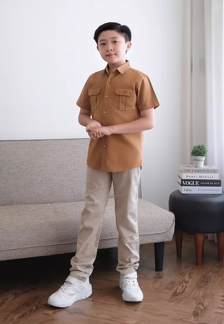 POLICE Kemeja Polos Cotton Kantong Dua Anak Laki Laki