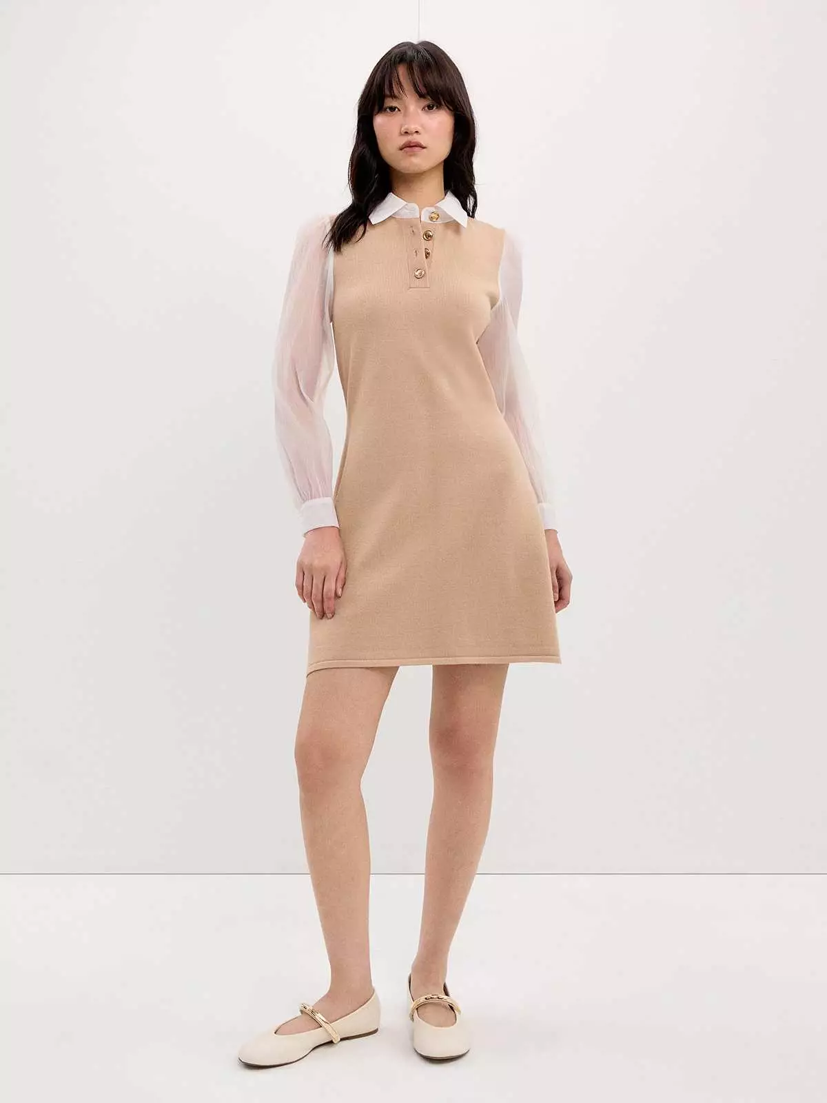 Contrast Sleeves Dress - Beige