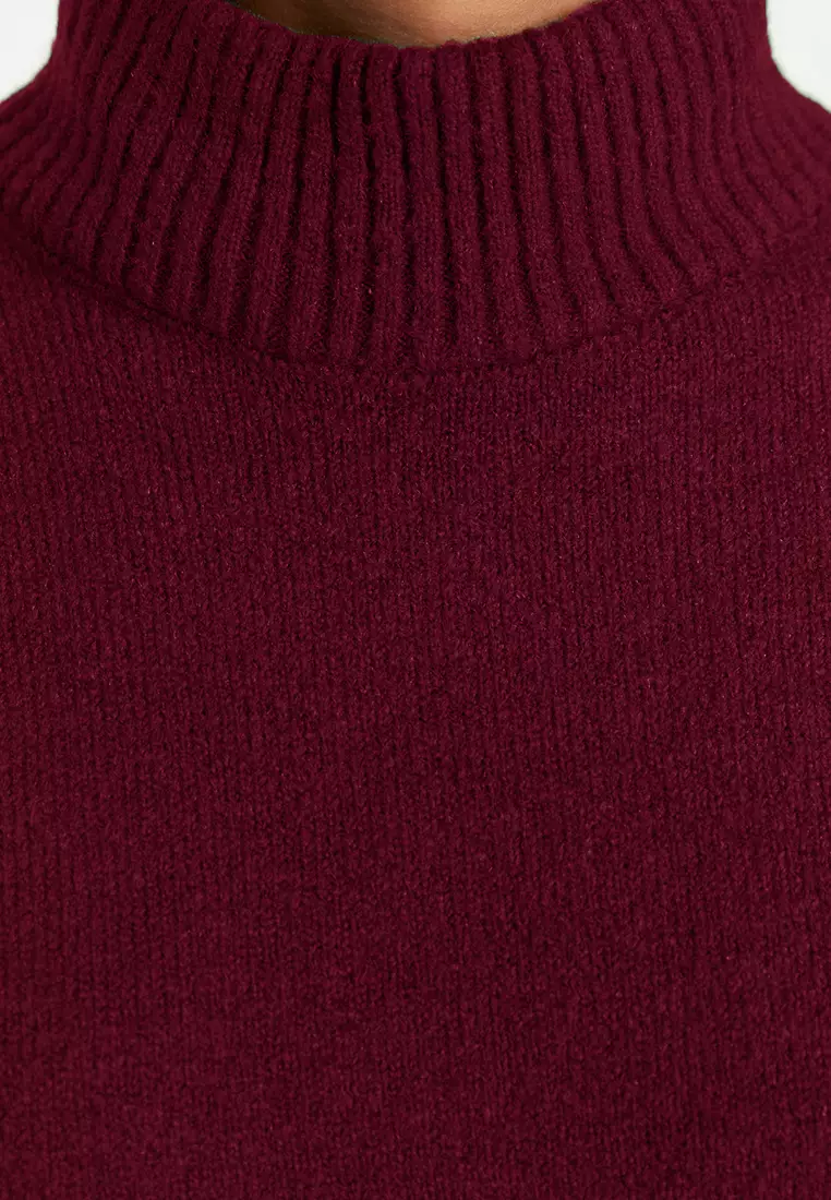 Claret Red Wide Pattern Soft Textured Stand Collar Knitwear Sweater