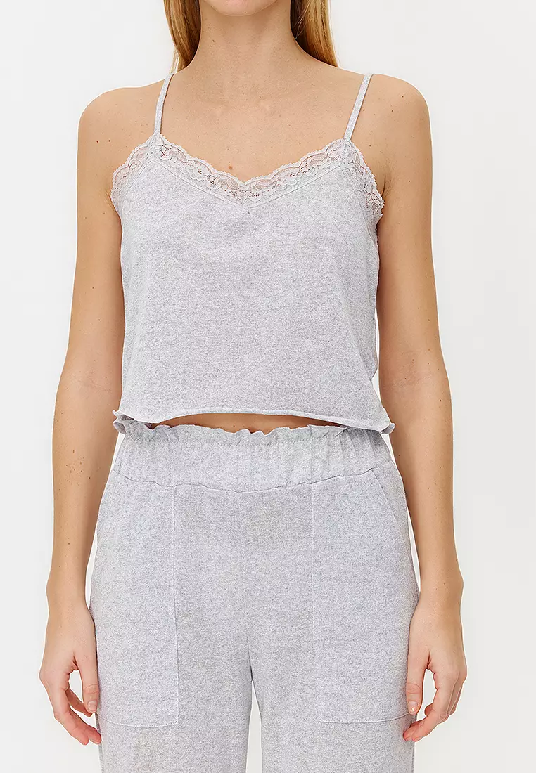 Grey Melange Lace Ruffle And Slit Detail Knitted Pajama Set With Rope Straps
