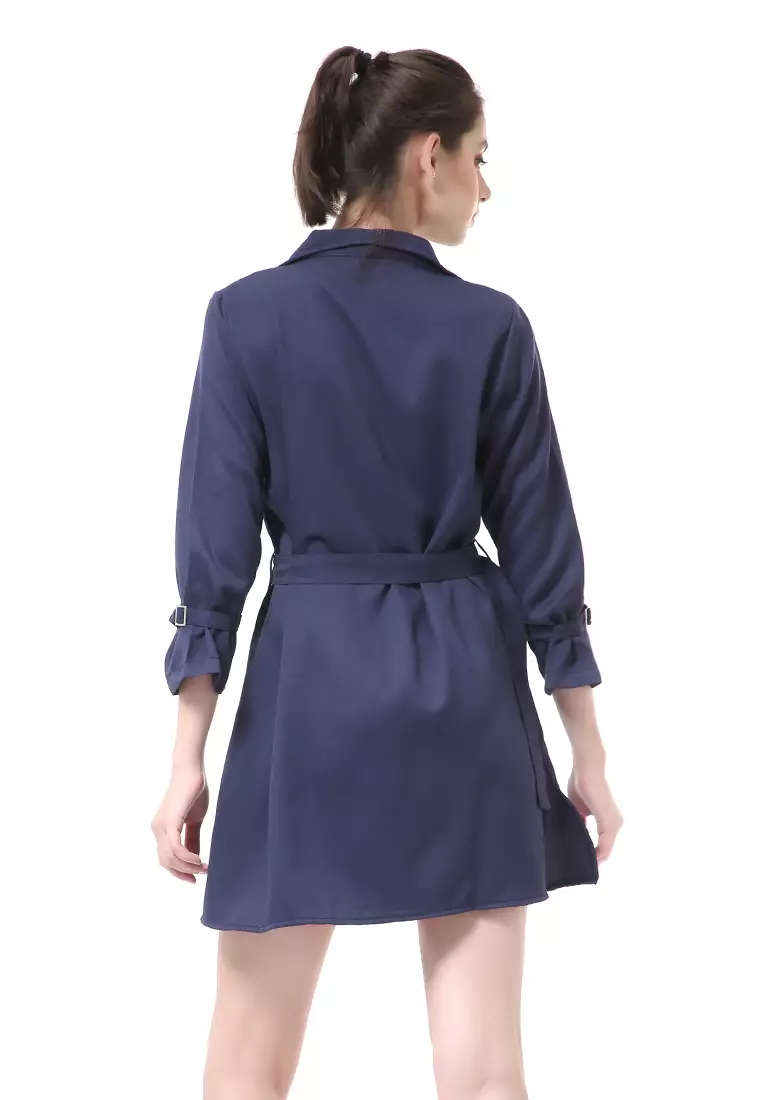 Rachel Dress Wanita Model Kemeja Long Sleeve with Belt Material Mosscrepe ORIGINAL - Navy
