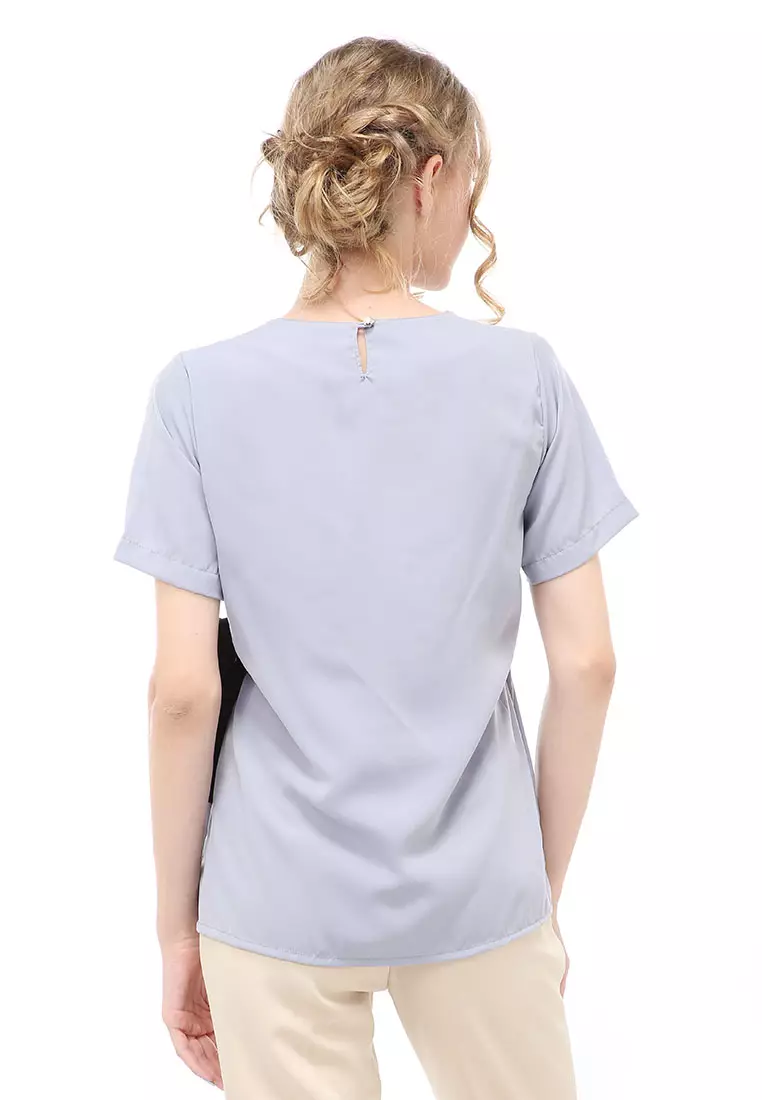 Cheva Blouse Atasan Wanita Kasual Pinggang Karet Pita Ikat Simple Material Wolfis ORIGINAL - Light Gray