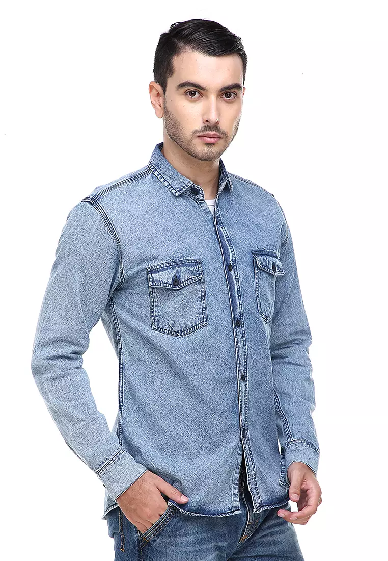 Dwan Casual Shirt Baju Kemeja Jeans Pria Lengan Panjang Material Denim ORIGINAL - Light Tash
