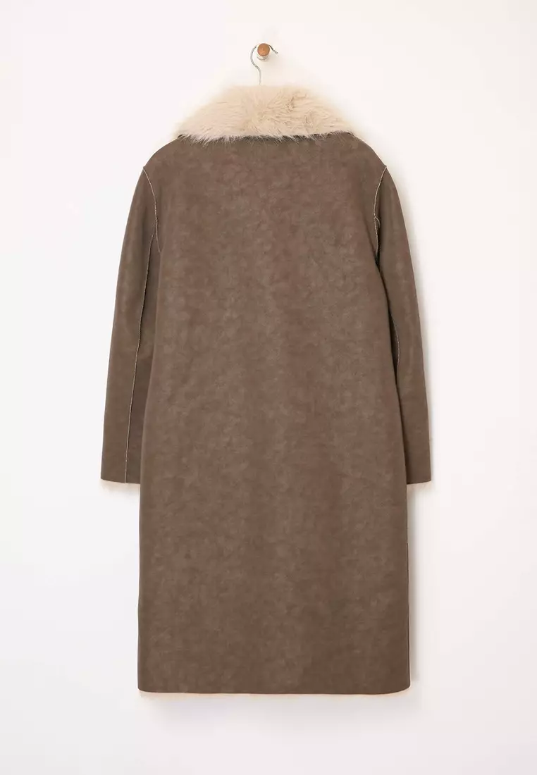 Mink-Ecru Double-Sided Fur Mono Closure Oversize Long Suede Coat