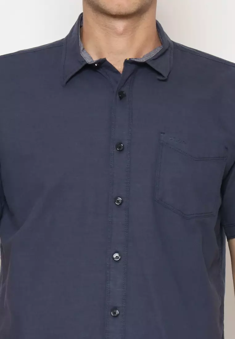 POLICE Kemeja Polos Cotton Slub Navy Regular Fit Pria
