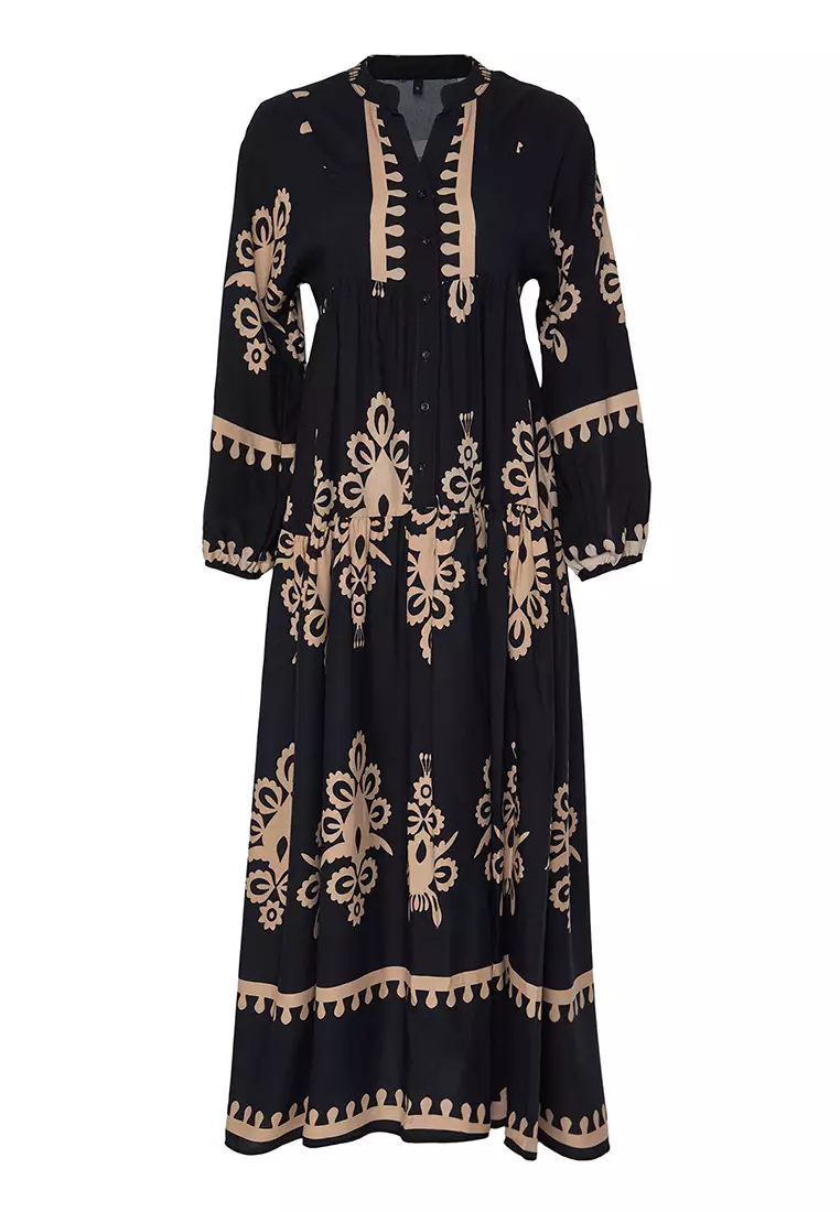 Black Authentic Patterned Viscose Woven Dress TCTSS24EB00221