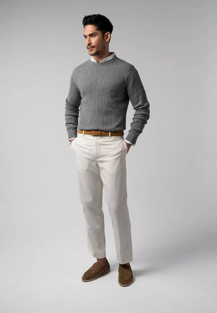 Mens Cable Knit Cotton Sweater Grey LS