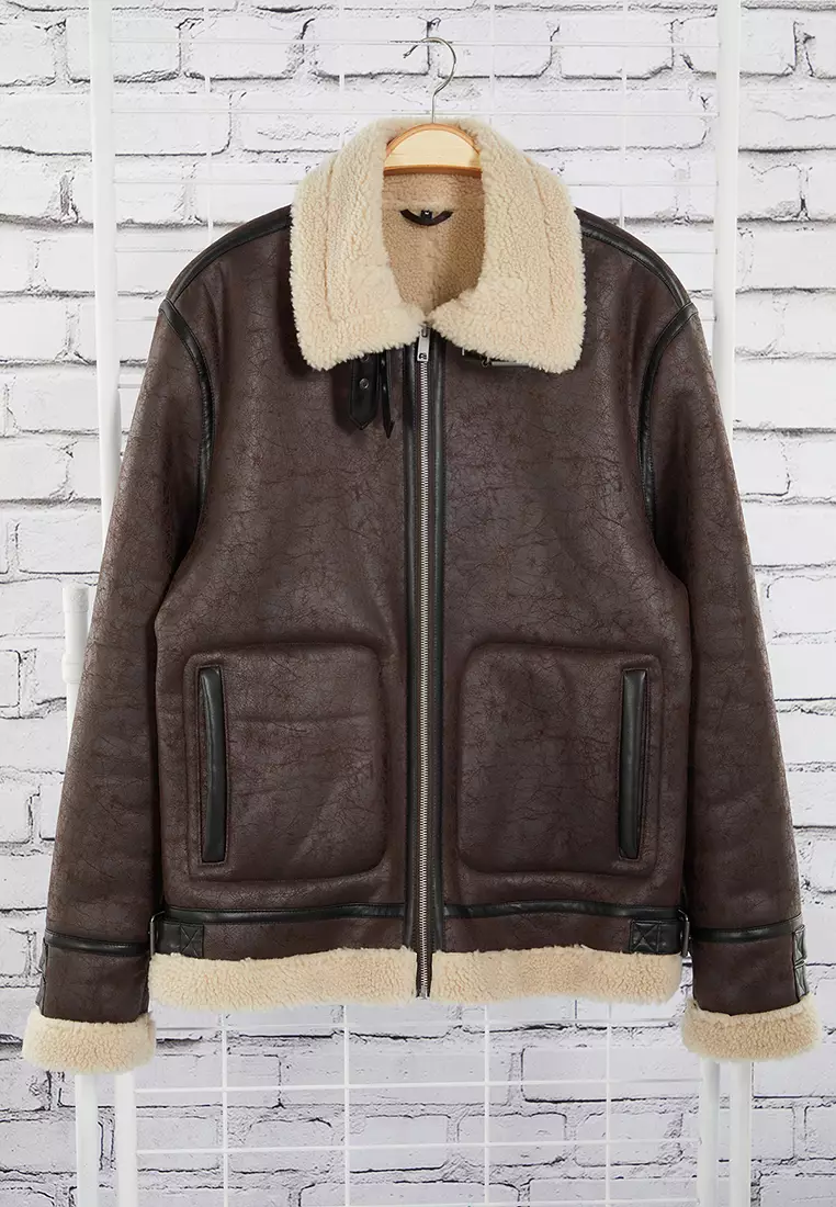 Men's Dark Brown Regular Fit Winter Coat With Fur Inside Tmnaw25Mo00013