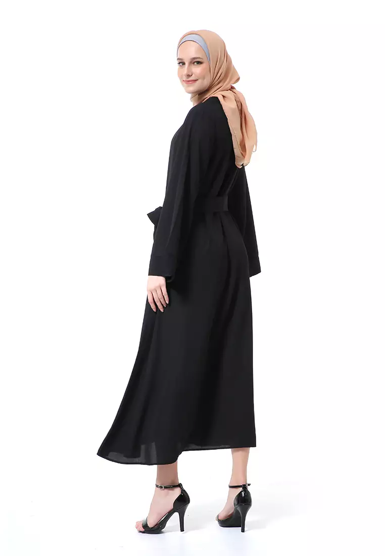 Khalisa Aiza Long Abaya Gamis Self Tie Belt Premium High Quality - Black