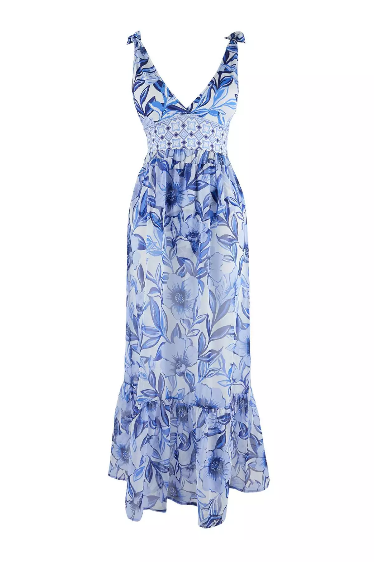 Floral Pattern Covered Deep V-Neck Regular 2-Piece Suit Skirt Swimsuit Tbess26Ma32