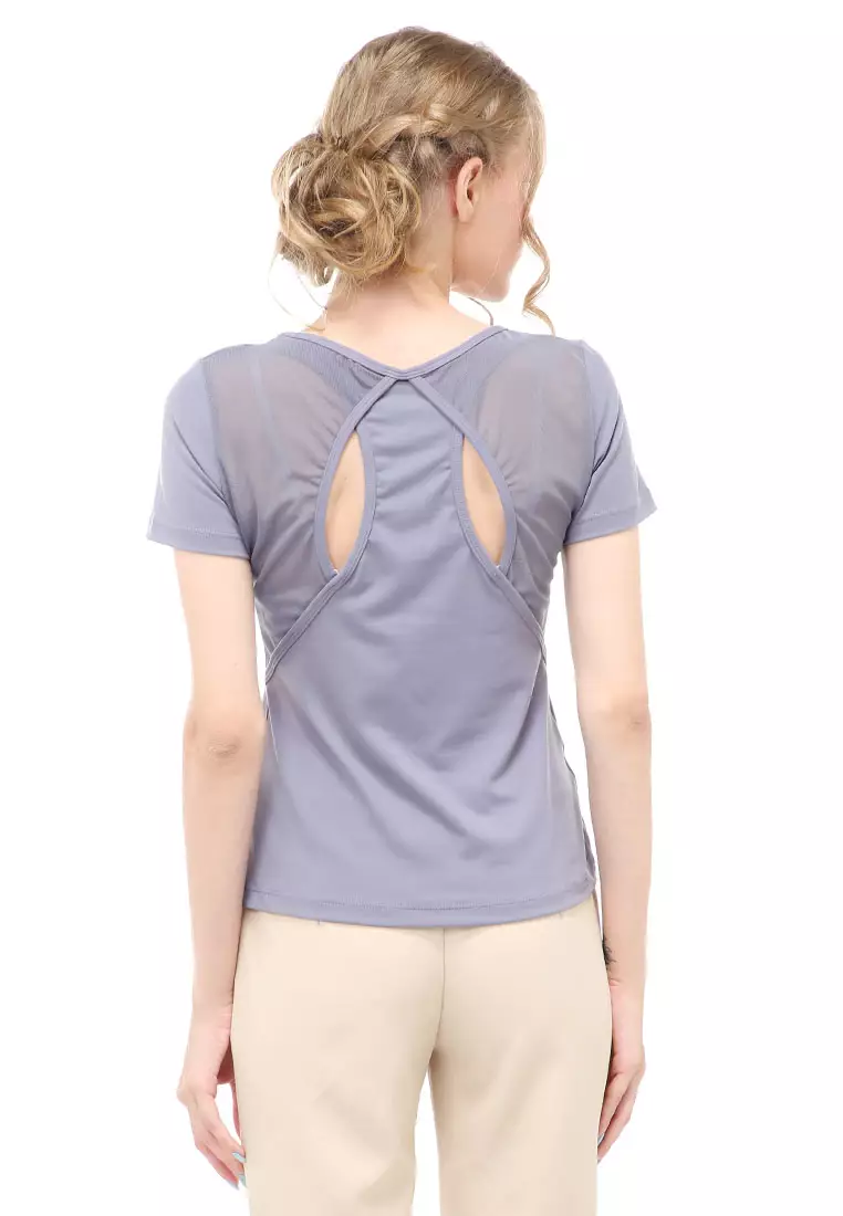 Wish Baju Olahraga Kaos Sport Wanita Lengan Pendek Sporty Shirt Jaring Transparan Material Polyester ORIGINAL - Gray