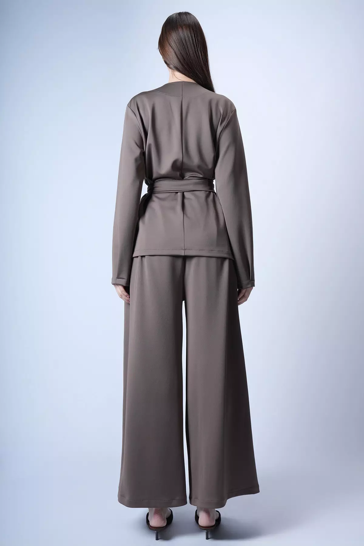Brown Self-Belted Long Jacket And Double Pocket Trousers Set Alc-X15042