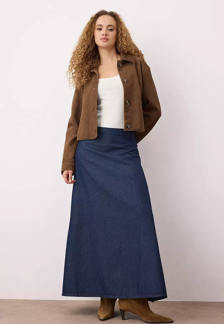 Dark Blue Flounce Maxi Denim Skirt