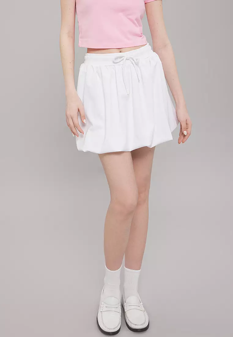 White Lace-Up Waist Balloon Mini Skirt