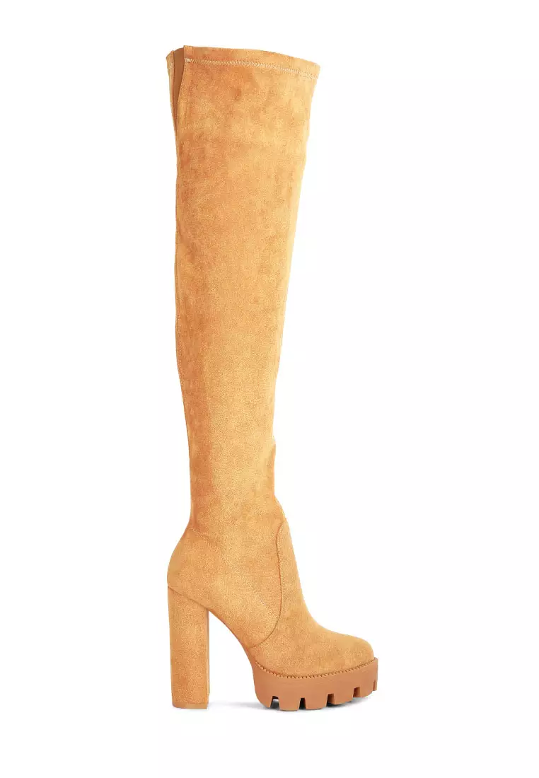 Discount on London Rag  shoes - SKU: Tan High Block Heeled Faux Suede Long Boots