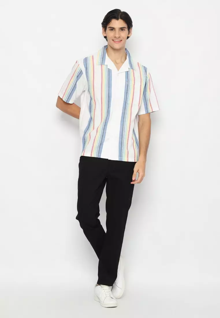 RBJ Kemeja Salur Linen Krah Hawaii Putih Biru Regular Fit Pria