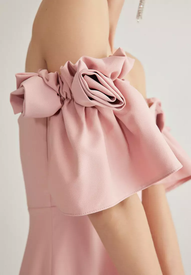 Powder A-Line Rose Detailed Woven Chic Dress