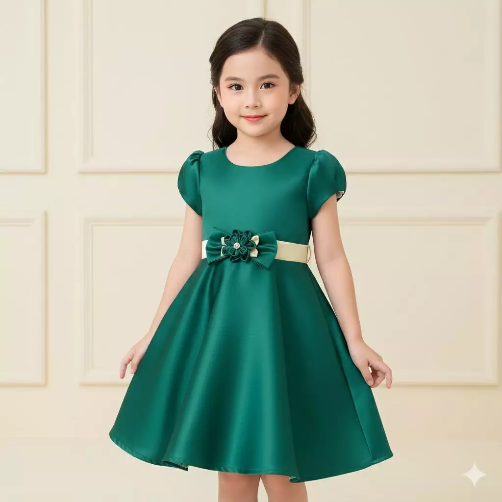 Two Mix Baju Anak Perempuan Bahan Satin - Dres Anak Perempuan Fashion Usia 1-12 Tahun 4242 Hijau
