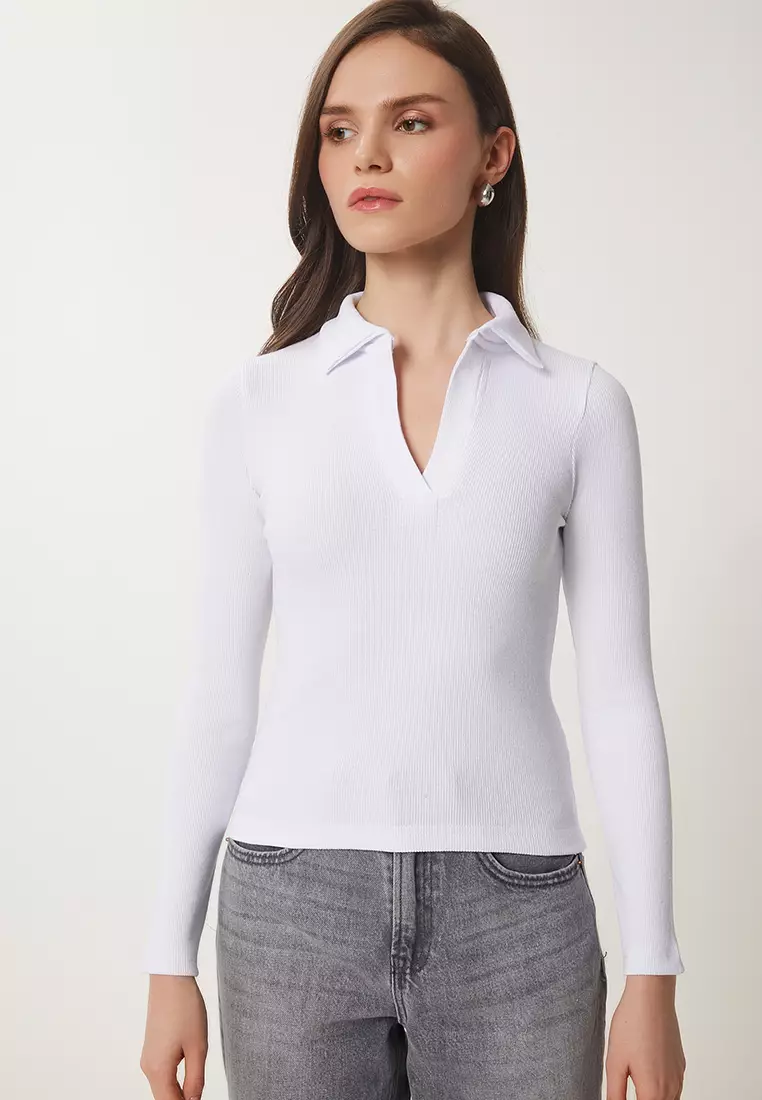 Ribbed Polo Neck Top