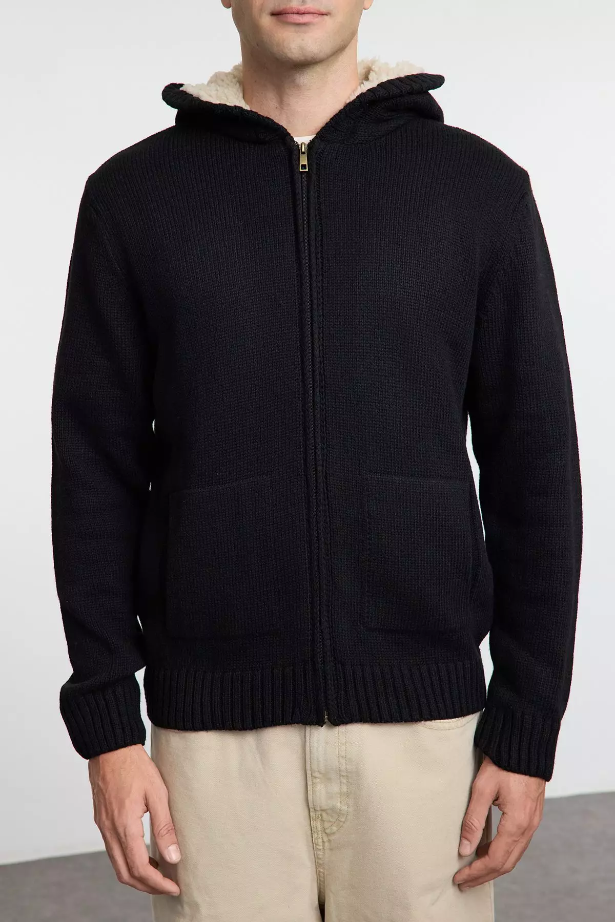 Black FL Men's Regular Hooded Plain Knitwear Cardigan TMNAW20HI0066