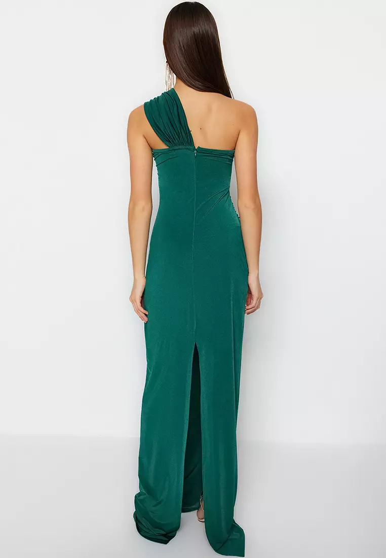 Asymmetrical Ruched Evening Maxi Dress