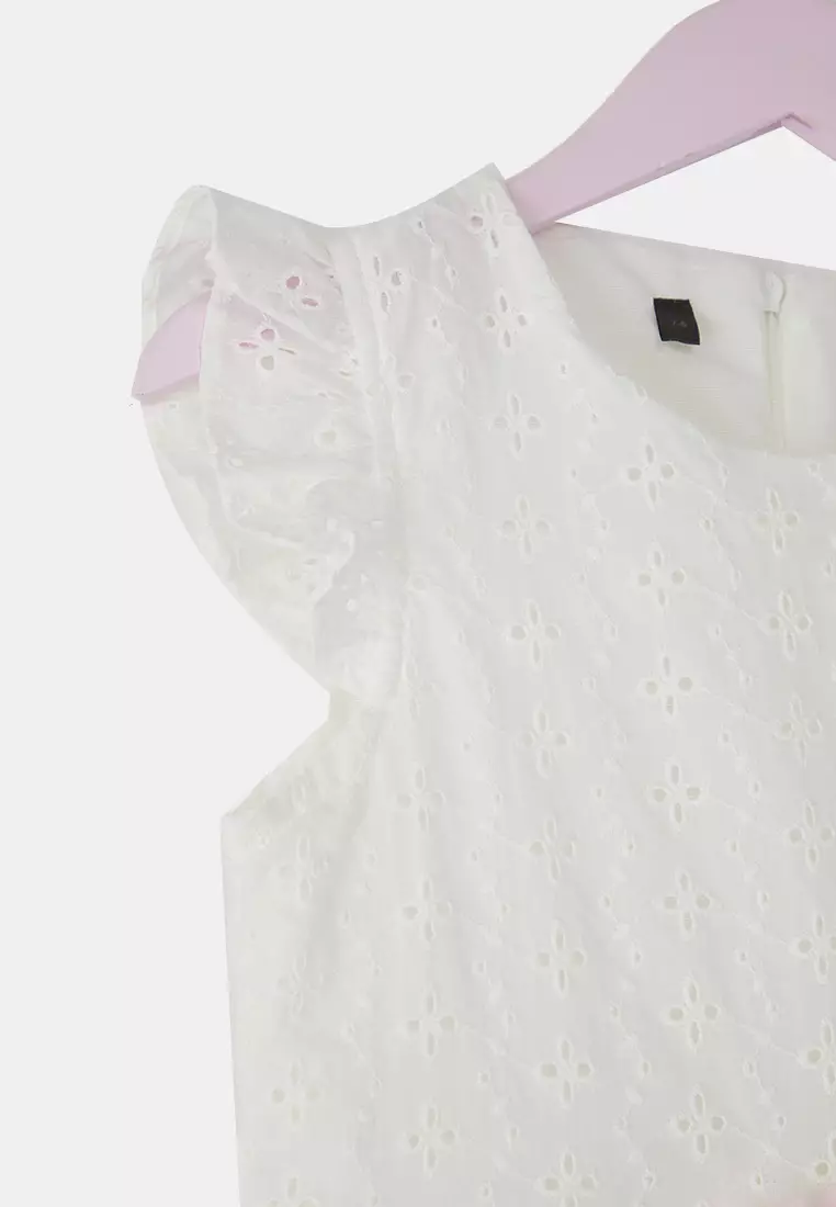 Girl's Ecru Dress 100% Cotton Ruffled Mini Short Sleeve Woven