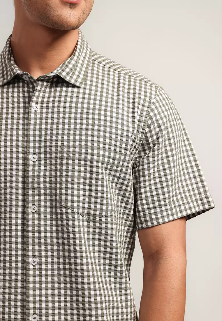 MOC - Kemeja Kotak-kotak Pria Lengan Pendek Brad - Olive