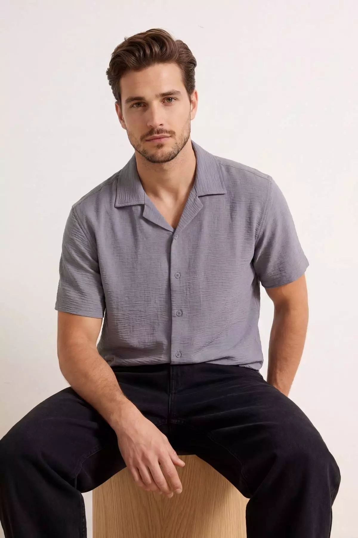 Light Blue Oversized Fit Summer Short Sleeve Linen Look Shirt Tmnss24Go00019