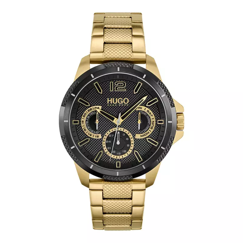 Jam Tangan Pria Hugo Boss 1530196 Men Multifunction Black Dial Gold Stainless Steel Strap