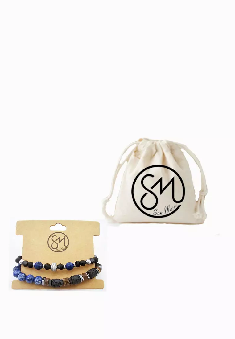 Aksesoris Pria 2 in 1 Lapiz Stones Multistrand Bracelet Gelang Pria Blue & Black
