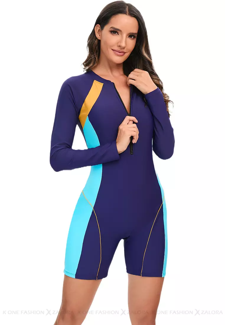 Surf Color Block Long Sleeve One Piece Swimsuit