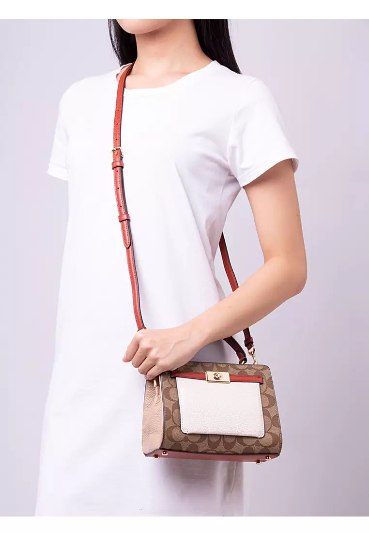 Mini Lane Top Handle In Colorblock Signature Canvas - Brown/White