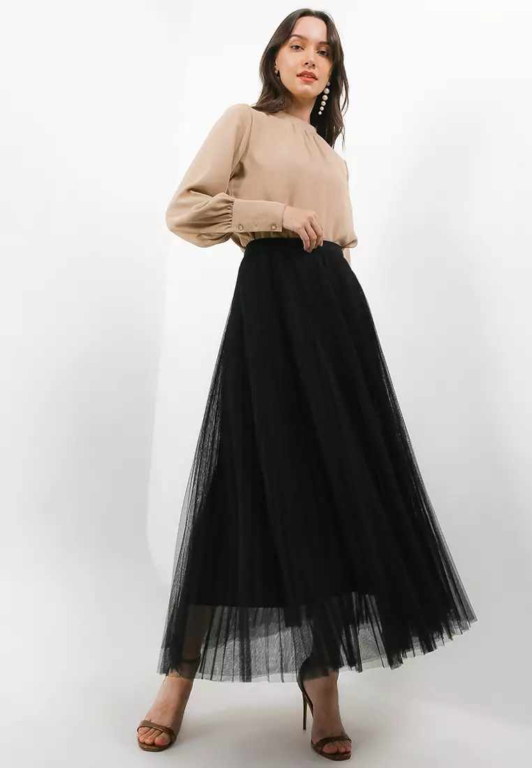 Pleated Tulle Maxi Skirt