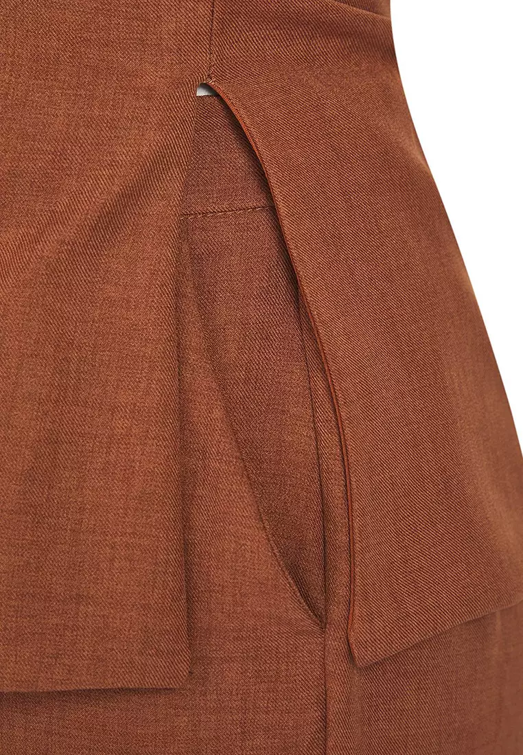 Brown Linen Look Strapless Blouse and Trousers Woven Bottom-Top Set TWOSS25AU00092