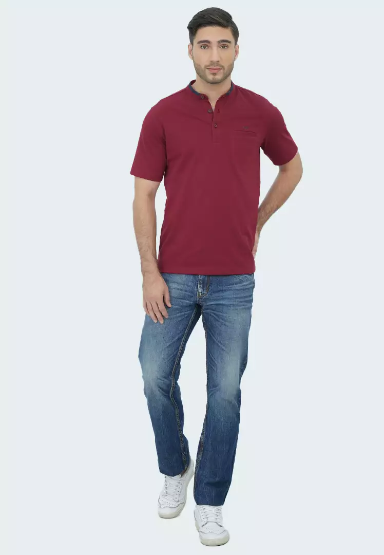 LGS - Kaos Casual Pria - Lengan Pendek - Motif Kerah Shanghai - T-Shirt Henly - Kancing Dada - Reguler Fit - Merah Maroon - CPS.221.C3504.01.C