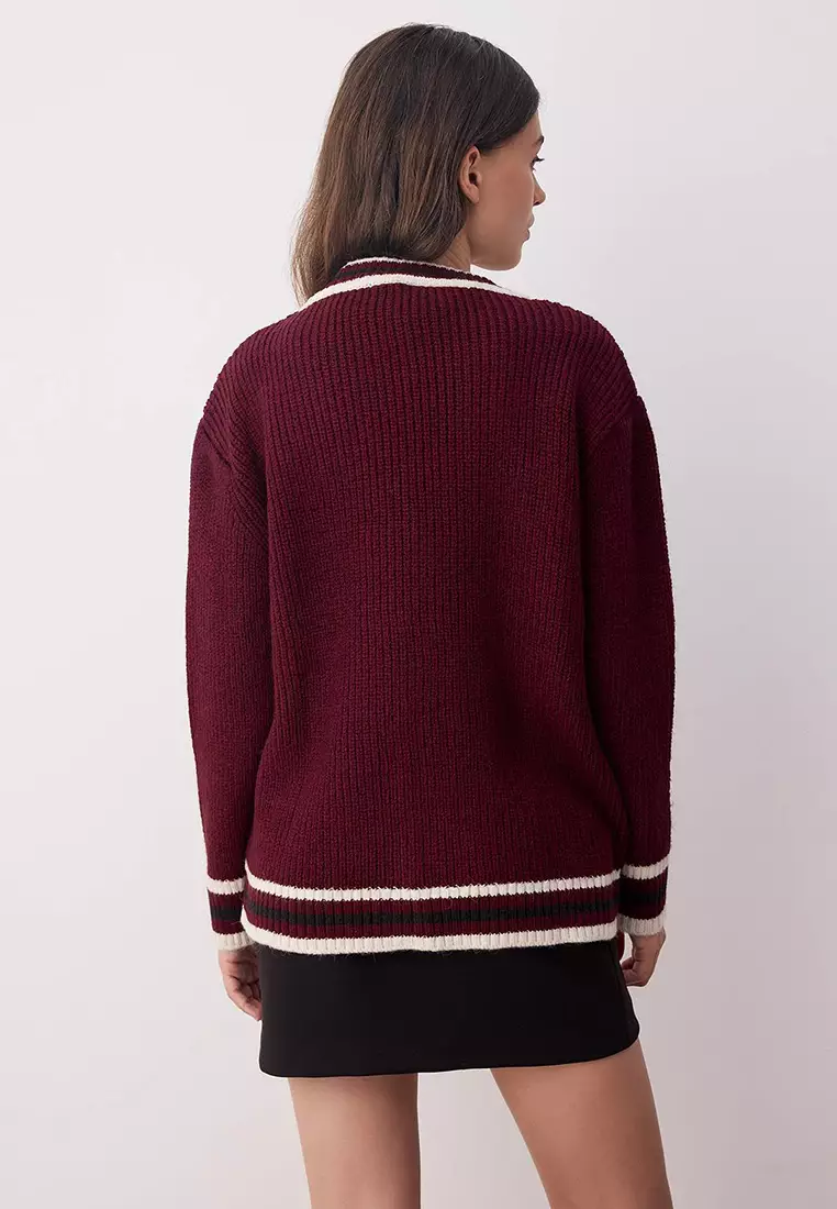 Burgundy Color Block Wide Pattern Knitwear Cardigan