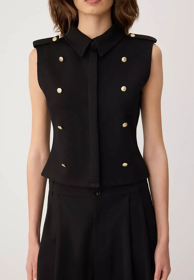 Black Fitted/Slim Fit Shirt Collar Buttons Buttoned Scuba Crepe Knitted Vest Twoss26Ye56