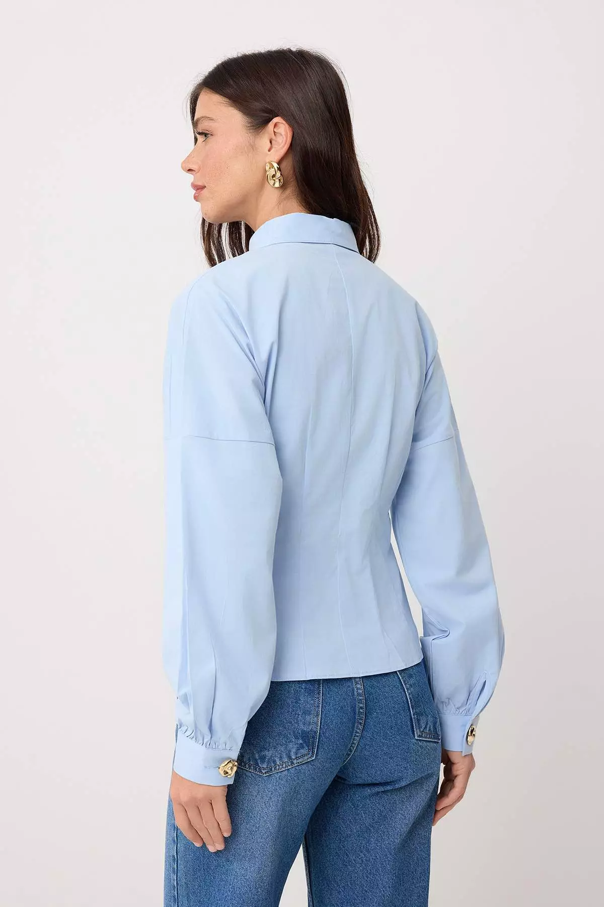 Light Blue Gold Accessory Cotton Waist-Fitted Shirt Twoss26Go48