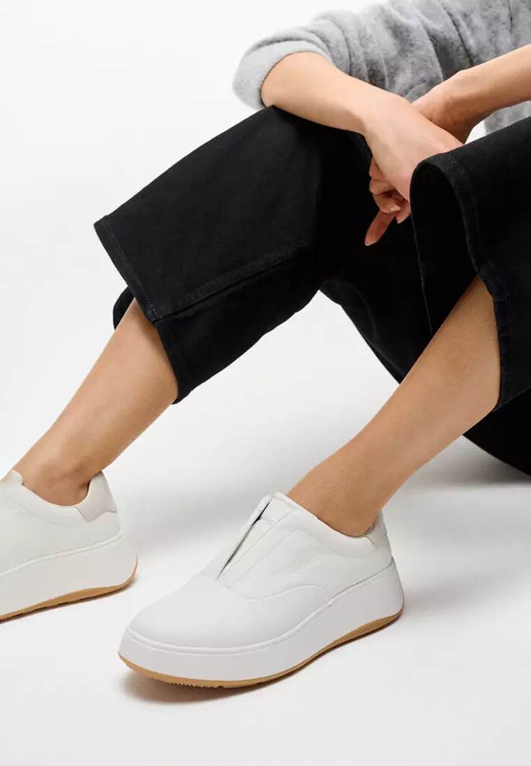 F-MODE Women's Tumbled-Leather Laceless Sneakers - Urban White (E5G-194)