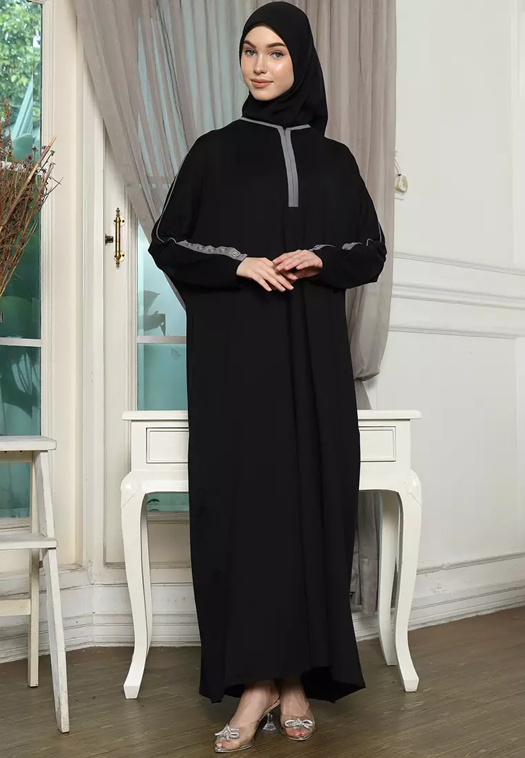 JV Hasanah Abaya Rayon Dress Shireen Black Grey | Gamis Abaya Oversize Busui Lengan Batwing Polos