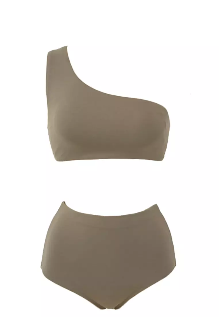 Sexy Solid Color One Shoulder High Waist Bikini Split Swimsuit A22031731BW