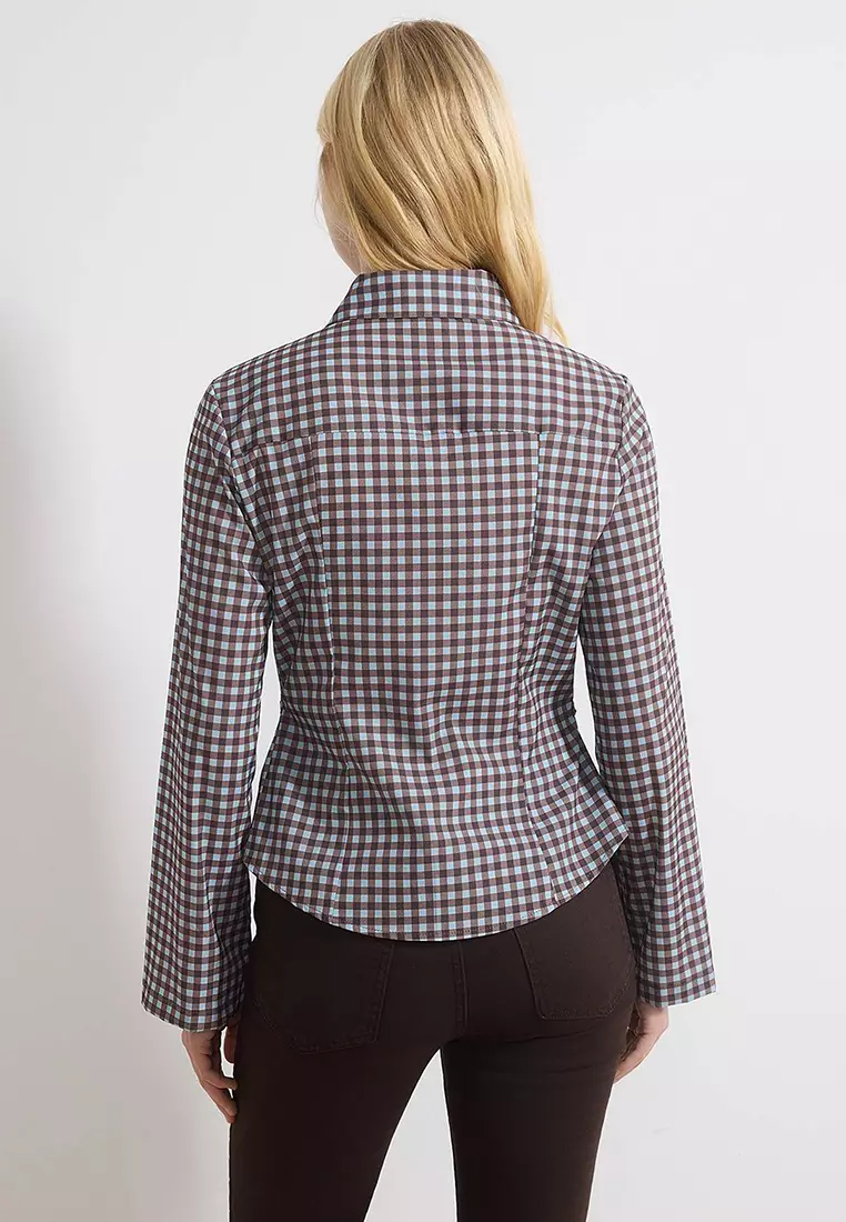 Blue-Multicolor Checkered Waist Adjustable Lightweight Waist-Fitting Wide Sleeves Shirt Twoaw26Go13