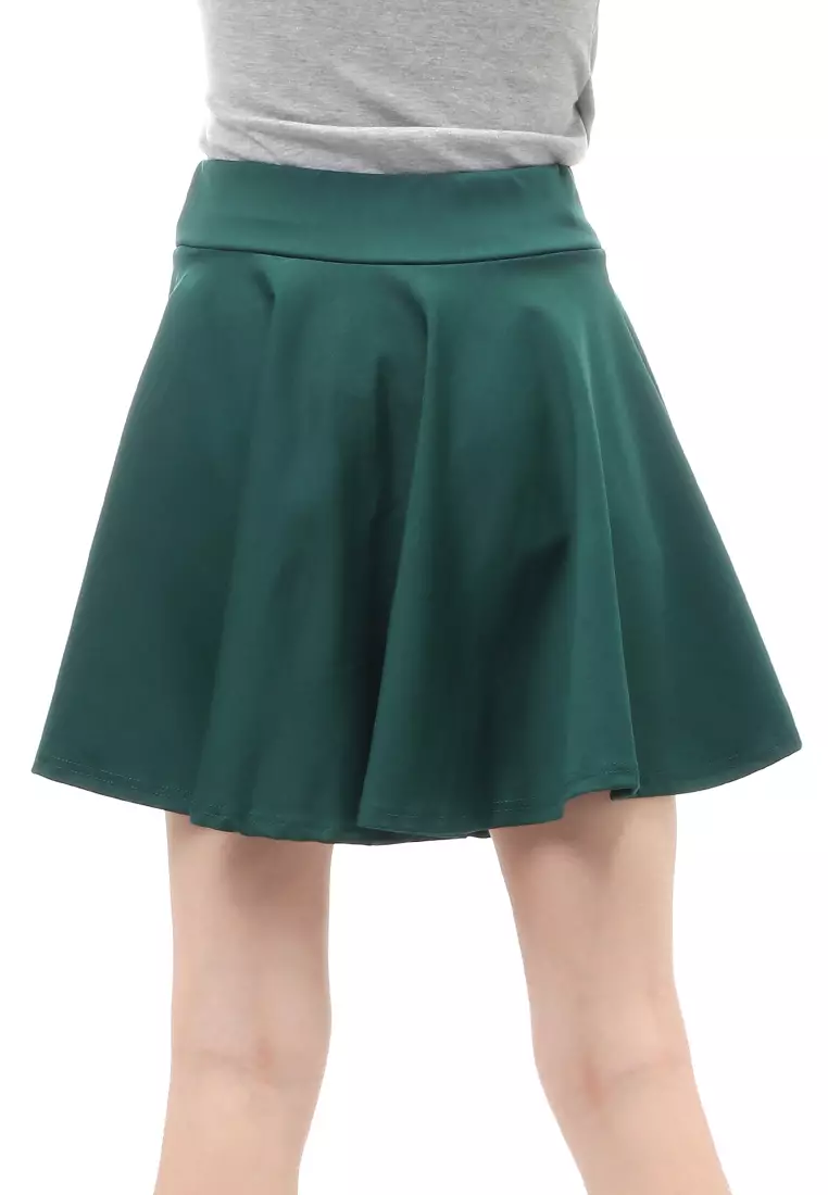 Rok Midi Bawahan Wanita Motif Solid Casual Relaxed Fit - Dark Green