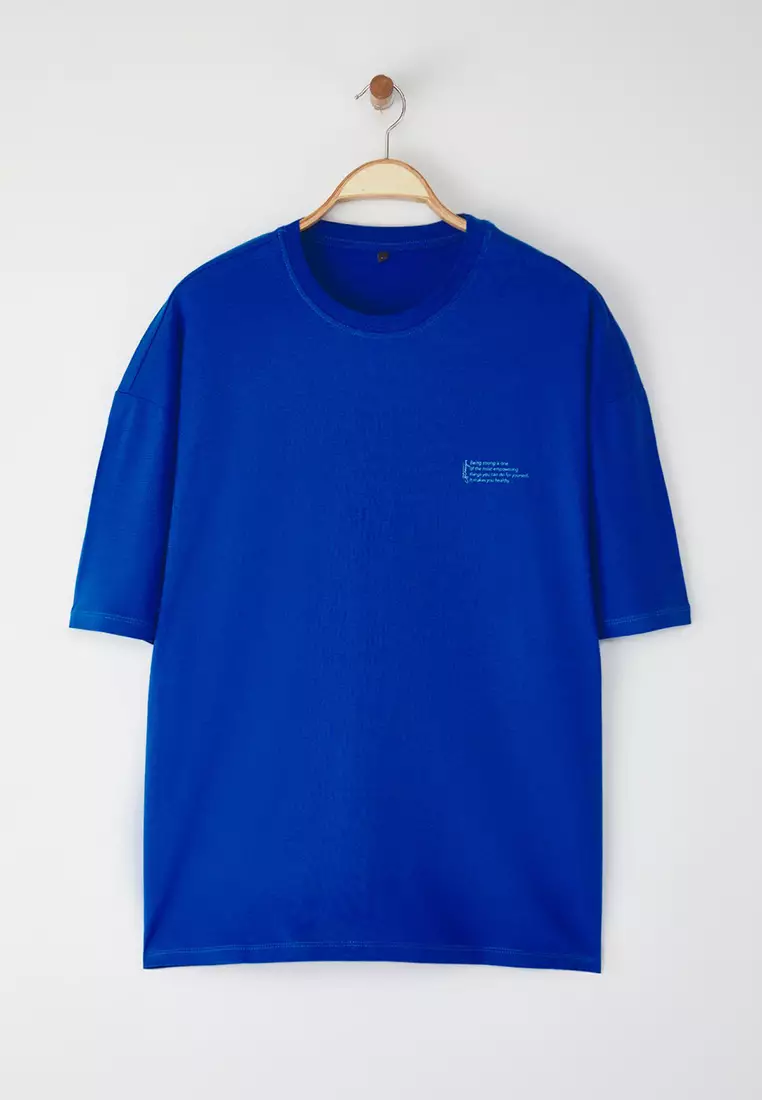 Saks Oversize 100% Cotton Crew Neck Minimal Text Printed T-shirt TMNSS23TS00084
