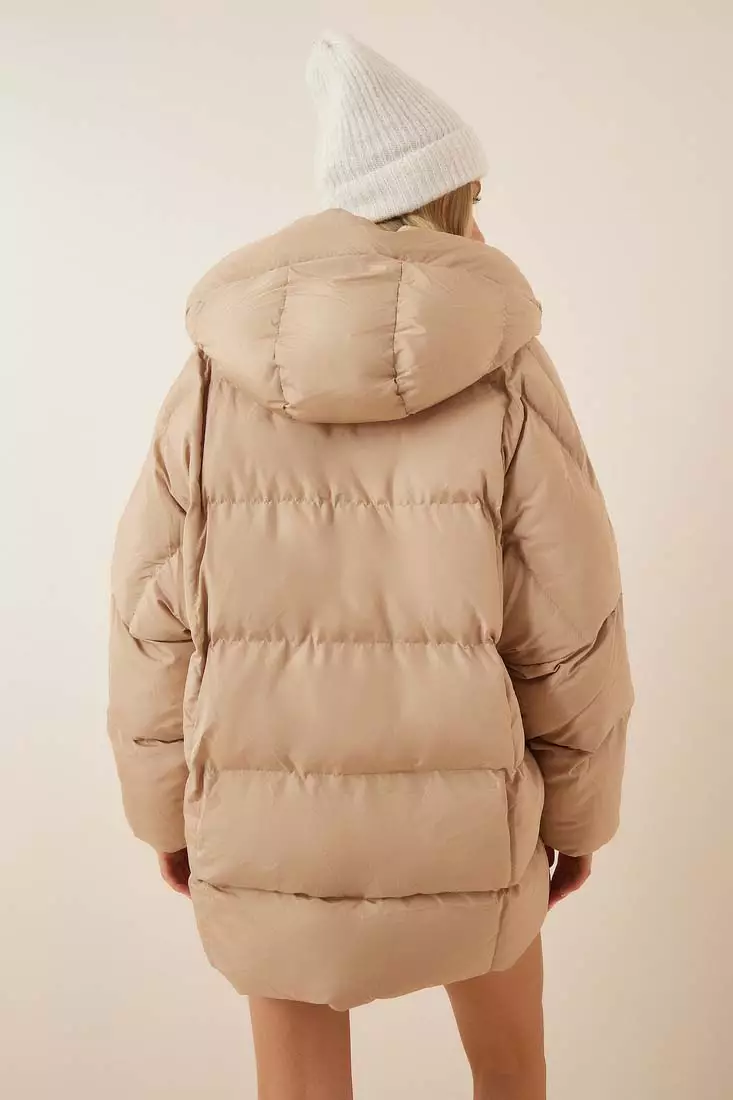 H&m Long Beige Puffer Coat With Hood Light Beige Long Jacket - Main Image