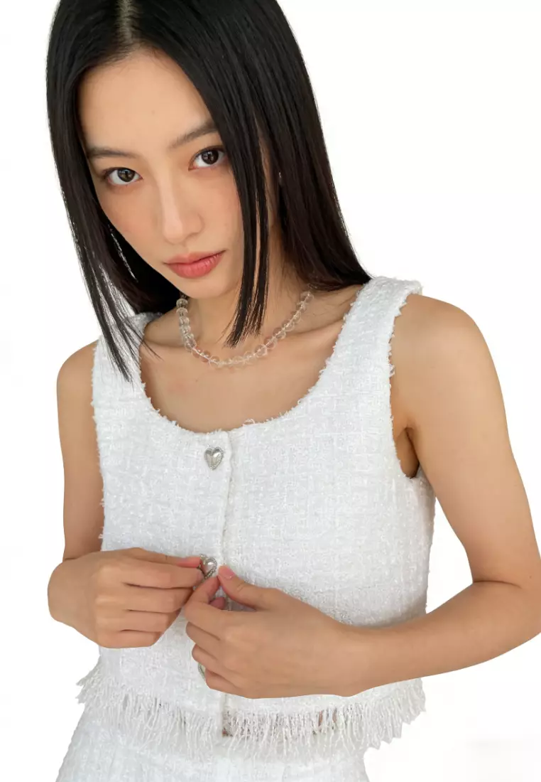 Square Neck Heart Button Fringe Crop Camis CA26031928W